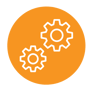 A white and orange icon of two interlocking gears.